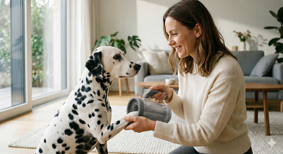 Happy dog owner using PawEase